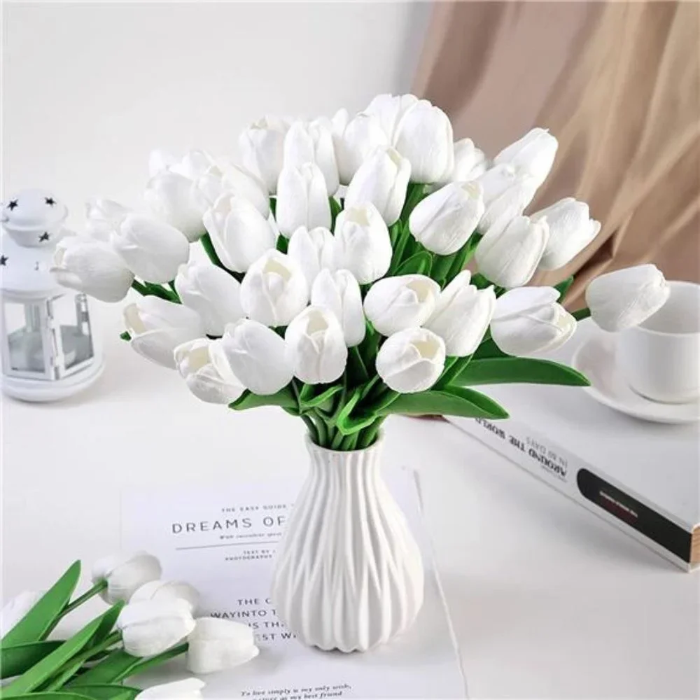 10 Pcs Tulips Artifical Flowers Real Touch Faux Tulip Stems Table Decor (White)